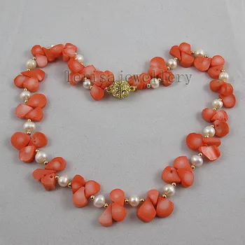 Terisa Pearljewelry AA 7-8MM Baltos Spalvos Gėlavandenių Perlų Vėrinį Pagaminti Su Geltonos spalvos Karoliukai Pink Coral Akmens Papuošalai Karoliai