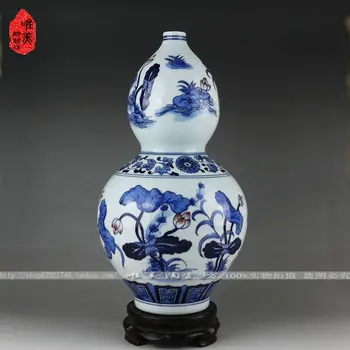 Realus dalykas Jingdezhen mėlyna ir balta vaza ranka-dažytos keramikos antikvarinis mėlynos ir baltos lotus butelis moliūgas