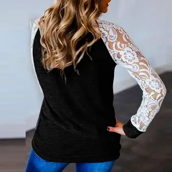 Moterų Atsitiktinis Nėrinių Susiuvimo Viršūnės, Plius Dydis S-6XL ilgomis Rankovėmis O-Kaklo Megztinis Marškinėliai Moteriška Rudens T-shirt Už 2019 Streetwear
