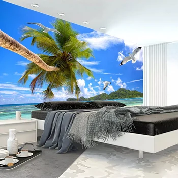 Mėlynas Dangus, Balti Debesys Paplūdimio Kokoso Medžio Freskos Užsakymą 3D Foto Tapetai Gyvenimo Kambario, Miegamasis Patalpų Apdaila Sienų Tapyba