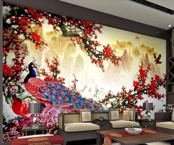 Beibehang Tapetai didelis kraštovaizdžio slyvų povas Kinijos TELEVIZIJA fono sienos popieriaus namų puošybai 3d tapetai papel de parede