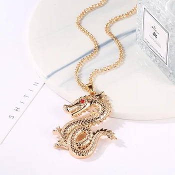 Kinijos Stiliaus Mados Aukso Spalvos Dragon Pakabukas Karoliai Moterys Vyrai Asmenybės Šviesą Crystal Dragon Karoliai Ilgas Megztinis Karoliai