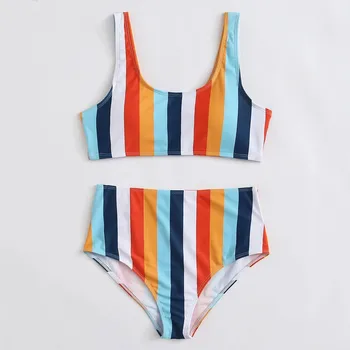 Spalvotų Dryžuotas maudymosi Kostiumėliai Moterims, 2021 Naujausias купальники Bikini Komplektas Push Up High Cut Aukštis Juosmens Dviejų dalių maudymosi kostiumėlį Paplūdimio