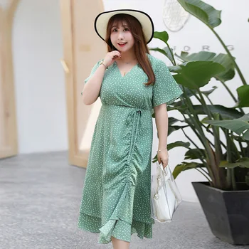 Moterų vasaros šifono polka dot nėrinių suknelė plius dydis blauzdos ilgis atsitiktinis suknelė 100 kg, gali būti dėvėti