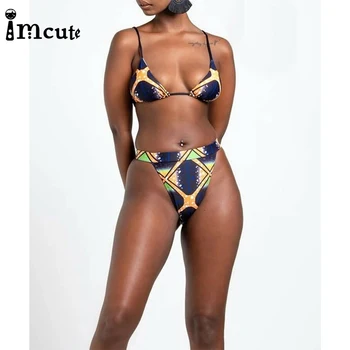 ImCute 2020 Seksualus Vasaros Ponios Moterų Retro Sagtis Push Up High Waisted Bikini Komplektas apatinės Kelnės Derliaus Spausdinti maudymosi kostiumėlį, maudymosi Kostiumėliai, 2VNT