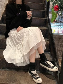 2021 m. Ilgi Sijonai, Moterų Sijonai Harajuku korėjos Stiliaus Balta Juoda Maxi Sijonas Paaugliams Aukšto Liemens Sijonas Mokyklos Sijonai