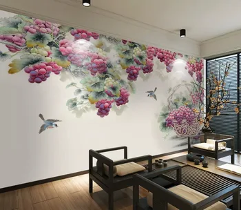 Bacal Užsakymą 3D Sienų Freskomis Tapetai Naujas Kinų Stiliaus Rankų Dažytos Raudonos Vynuogių Gėlės, Paukščiai Sienos Meno Tapybos Kambarį