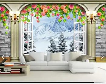 3D foto tapetai užsakymą 3d sienos tapetai, freskos hite sniego apribota kalnų Romoje langą 3D sienos 3d kambarį apdaila