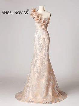 Ilgai Undinė Šampano Glitters Vieną Petį Nėrinių Vakaro Suknelės 2019 Elegantiškas Abendkleider 2019 chalatas de soiree