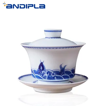 200ml Jingdezhen Keramikos Gaiwan Mėlynos ir Baltos spalvos Porceliano Tureen Rankomis Dažyti Arbatos Dubenėlį Namų Teaware Kung Fu Arbatos Rinkinys Arbatos Ceremonija