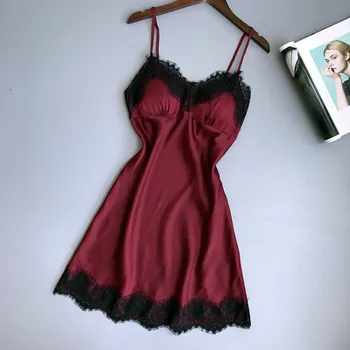 Seksuali Pagunda Moterų Nėriniai Kilpos Nightgowns Kietas Plonas Sleepwear V-Kaklo Suknelė