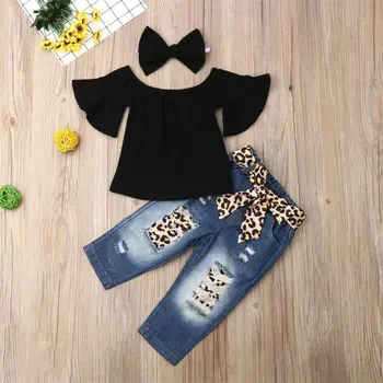 Nauja Vaikiška Vaikams Baby Girl marškinėliai Džinsinio audinio Kelnės Lankelis Leopard Komplektus Drabužių