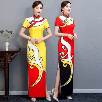 Elegantiškas Tradicinių Spausdinimo Satino Mandarinų Apykaklės Kinijos Cheongsam Moteriška Šalis Suknelė Vintage Rankų darbo Mygtuką Qipao Negabaritinių 5XL