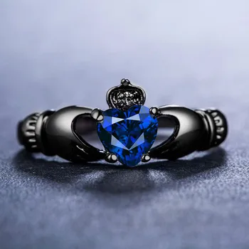 Prabanga Moterų Mažos Mėlynos Širdies Žiedas Derliaus 10KT Juodojo Aukso Sužadėtuvių Žiedai Moterims Pažadą, Meilės, Vestuvių Juostoje Žiedas