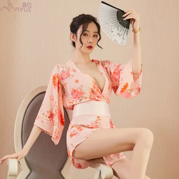 Seksualus Apatinis Trikotažas Naujas Japonų Stiliaus Spausdinti Kimono Karšto Seksualus Kostiumas Pagundai Cardigan Šifono Nightdress
