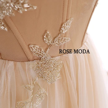 Rose Moda Derliaus Tiulio Vestuvinė Suknelė Šampano Vestuvių Suknelės su Karoliukais Realios Nuotraukos