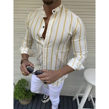2019 Naujas Vyrų Seksualus Slim Fit Dryžuotas Marškinėliai Vyrams, ilgomis Rankovėmis, Atsitiktinis Marškinėliai Topai Vyrų Streetwear High Street marškinėliai M-3XL