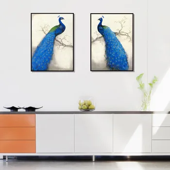 Elegantiškas Poezijos Retro Stiliaus Blue Peacock Stovi Ant Medžio A4 Formato Drobė Meno Tapybos Spausdinti Plakato Nuotrauką Sienos Elegantiškas Namų Dekoro