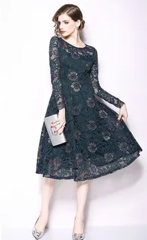 Rudenį Nėrinių Suknelė ilgomis Rankovėmis Apvalios Kaklo Savęs auginimo Bus Švytuoklės Sijonas