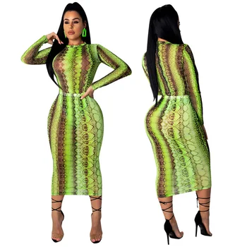 Allyzozo Seksualus Streetwear Matyti Per Žalia Gyvatė Spausdinti Ilgos Suknelės Ilgomis Rankovėmis Akies Dangalo Bodycon Suknelė Vestidos