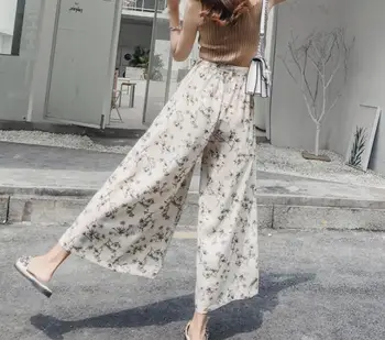 Vasaros Paplūdimio Gėlių Spausdinti Šifono Pločio Kojų Kelnės Laisvas Kelnes Moterų Pusės Split Atsitiktinis Palazzo Aukšto Liemens Kelnės Pantalon Femme