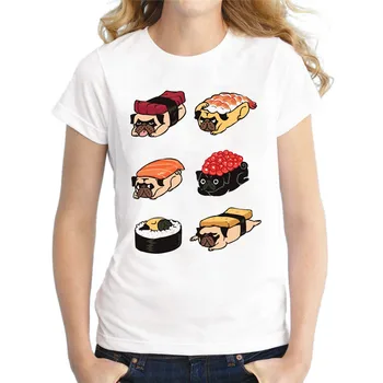 Naujas Moterų Top Mielas Maisto Spausdinti Lady Viršūnes Trumpas Rankovės O-Kaklo T-shirt Cool Tees Girl Suši Pug T Marškinėliai Vasarą