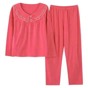 Xxxxl raudona rožinė Plius dydis moterų Pižama rinkiniai storio rudenį, pavasarį moterų nėriniai medvilnės ilgomis rankovėmis sleepwear M-4xl 105 kg