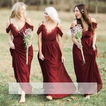 Bordo Pigūs Bridesmaid Dresses Pagal 50-line Spagečiai Dirželiai Šifono Nėrinių Ilgai Vestuvės Suknelės