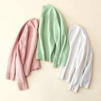 Kašmyras negabaritinių megztiniai moterims prarasti atsitiktinis v-kaklo baltas megztinis kabelis megzti žiemos mados trikotažas