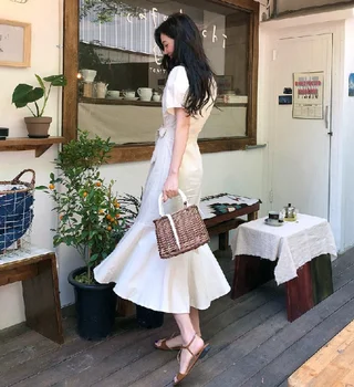 2021Elegant Suknelė Ilga Moteris Mielas Trumpas Rankovės korėjos Japonija Stiliaus Drabužius Data Dėvėti Temperamentas Lady Mygtuką Marškinėliai Suknelė Pasišiaušus