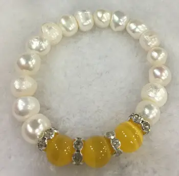 Naujas 9-10mm baltas akoya kultūros pearl & 10mm geltona opal Elastinga Apyrankė