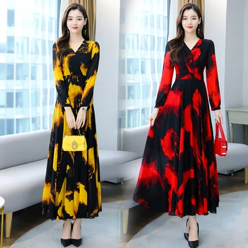 Pavasario Šifono moterų Suknelė Naujas elegantiškas Ilgas Rankovėmis raudona geltona Atspausdinta Suknelės Seksualus V-kaklo Plius Dydis Drabužiai