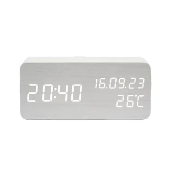 Baltos Medienos LED Laikrodis-Žadintuvas Temperatūra Drėgnumas Elektroninių Darbalaukio Stalo Laikrodžiai Naktiniai Pabusti, Skaitmeninių Laikrodžių Despertador